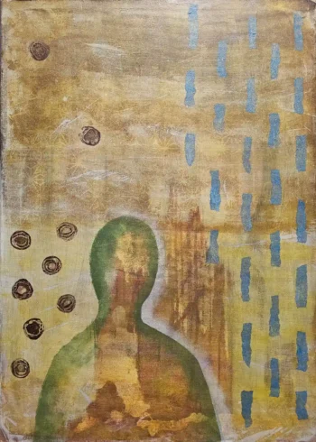 Tam, kam dopadají tiché věci (50×70 cm) Originální abstraktní obraz Tam, kam dopadají tiché věci od výtvarnice Hanele Žižkové. Malba akrylem a kombinovanou technikou na plátně o středním rozměru 50x70 cm zaujme tajemnou zelenou mechovou siluetou postavy, která vystupuje ze strukturovaného zlato-hnědého pozadí. Horní část díla doplňují vertikální modré tahy připomínajícími déšť a na druhé straně zajímavé kuličky či puntíky. Pozadí obrazu je místy zajímavě paternováno.